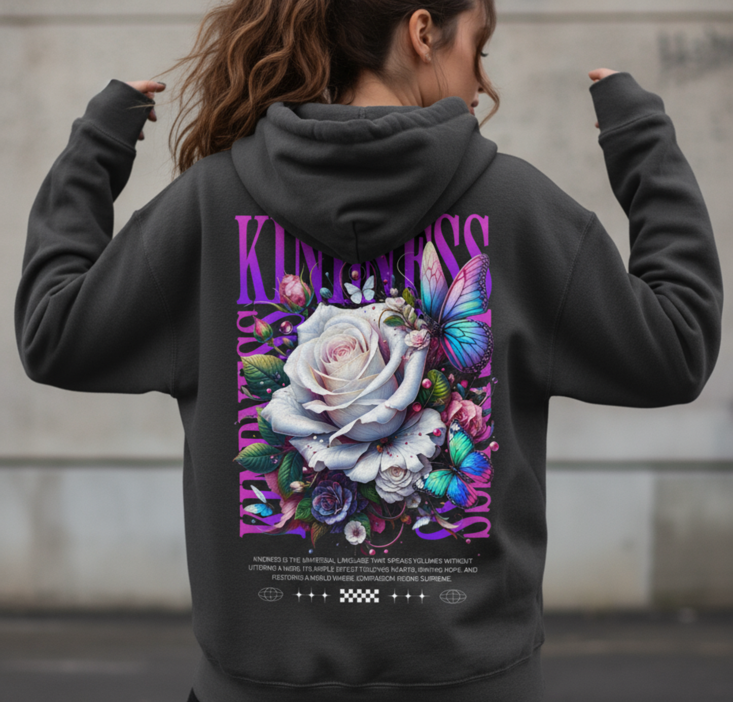 Kindness Rose Graphic Hoodie, Floral Typography Sweatshirt, Pastel Gothic Aesthetic, Botanical Soft Goth, Unisex Pullover