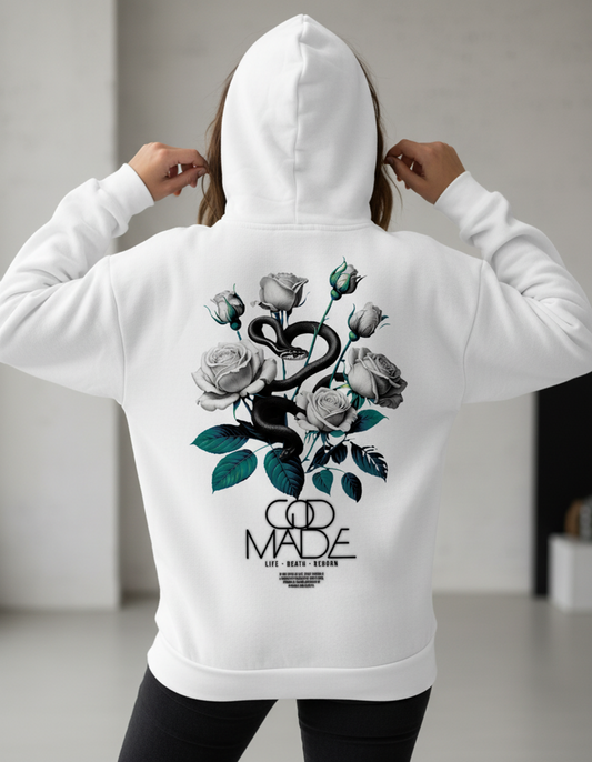 Snake Rose Gothic Hoodie, Serpent Floral Sweatshirt, White Roses Graphic, Witchy Unisex Pullover, Dark Botanical Aesthetic