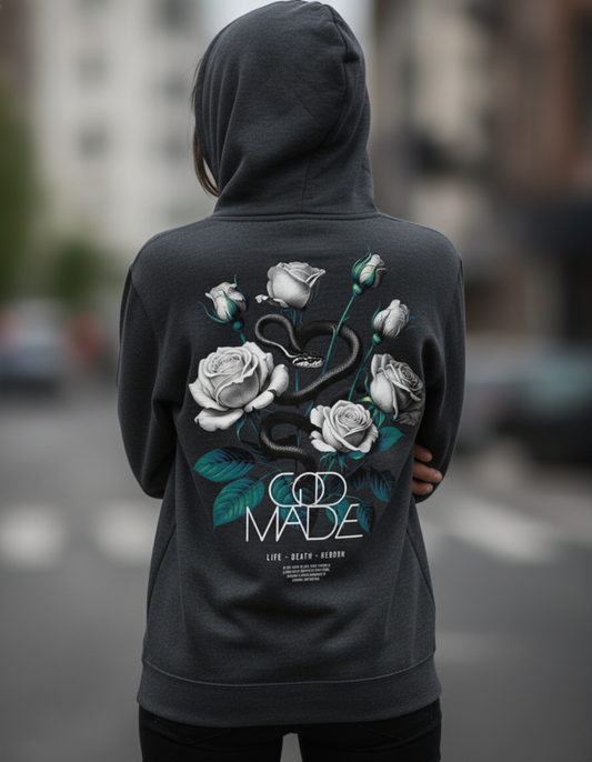 Snake Rose Gothic Hoodie, Serpent Floral Sweatshirt, White Roses Graphic, Witchy Unisex Pullover, Dark Botanical Aesthetic