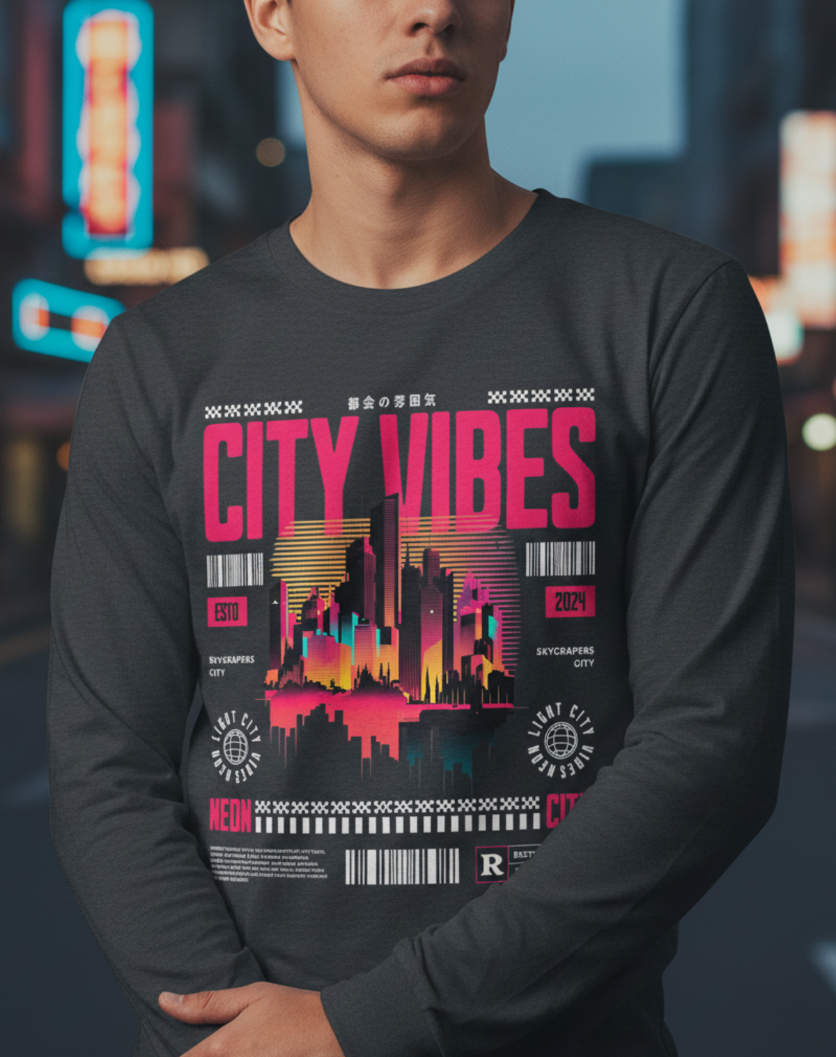New York City Long Sleeve, Urban Skyline Shirt, Neon City Graphic, Streetwear Tee, Nightlife Aesthetic, NYC Gift