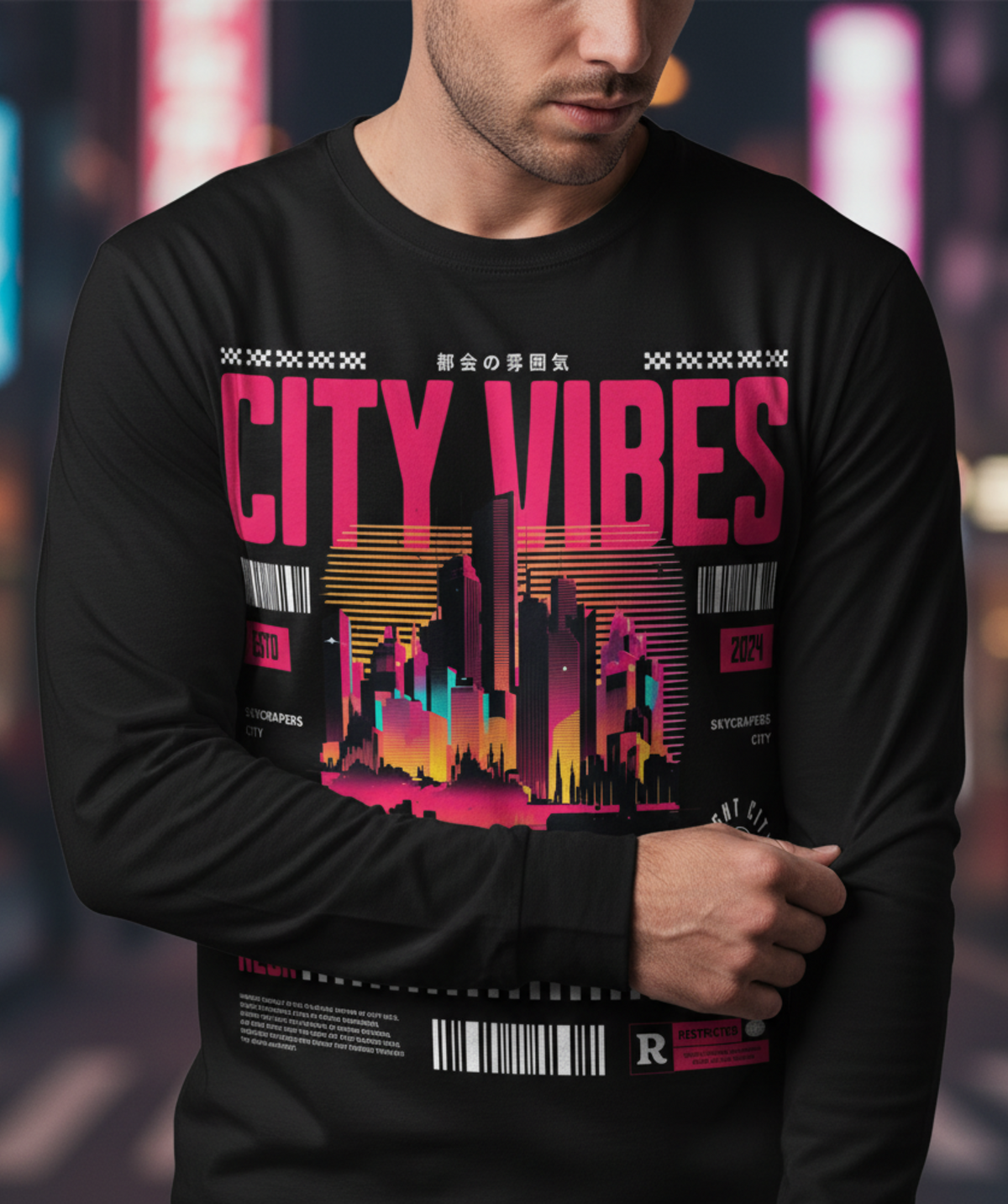 New York City Long Sleeve, Urban Skyline Shirt, Neon City Graphic, Streetwear Tee, Nightlife Aesthetic, NYC Gift