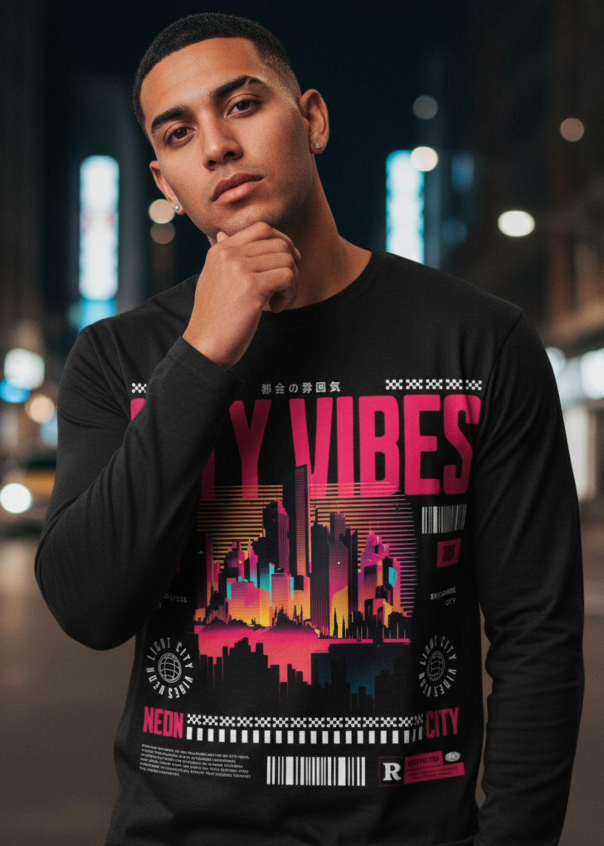 New York City Long Sleeve, Urban Skyline Shirt, Neon City Graphic, Streetwear Tee, Nightlife Aesthetic, NYC Gift