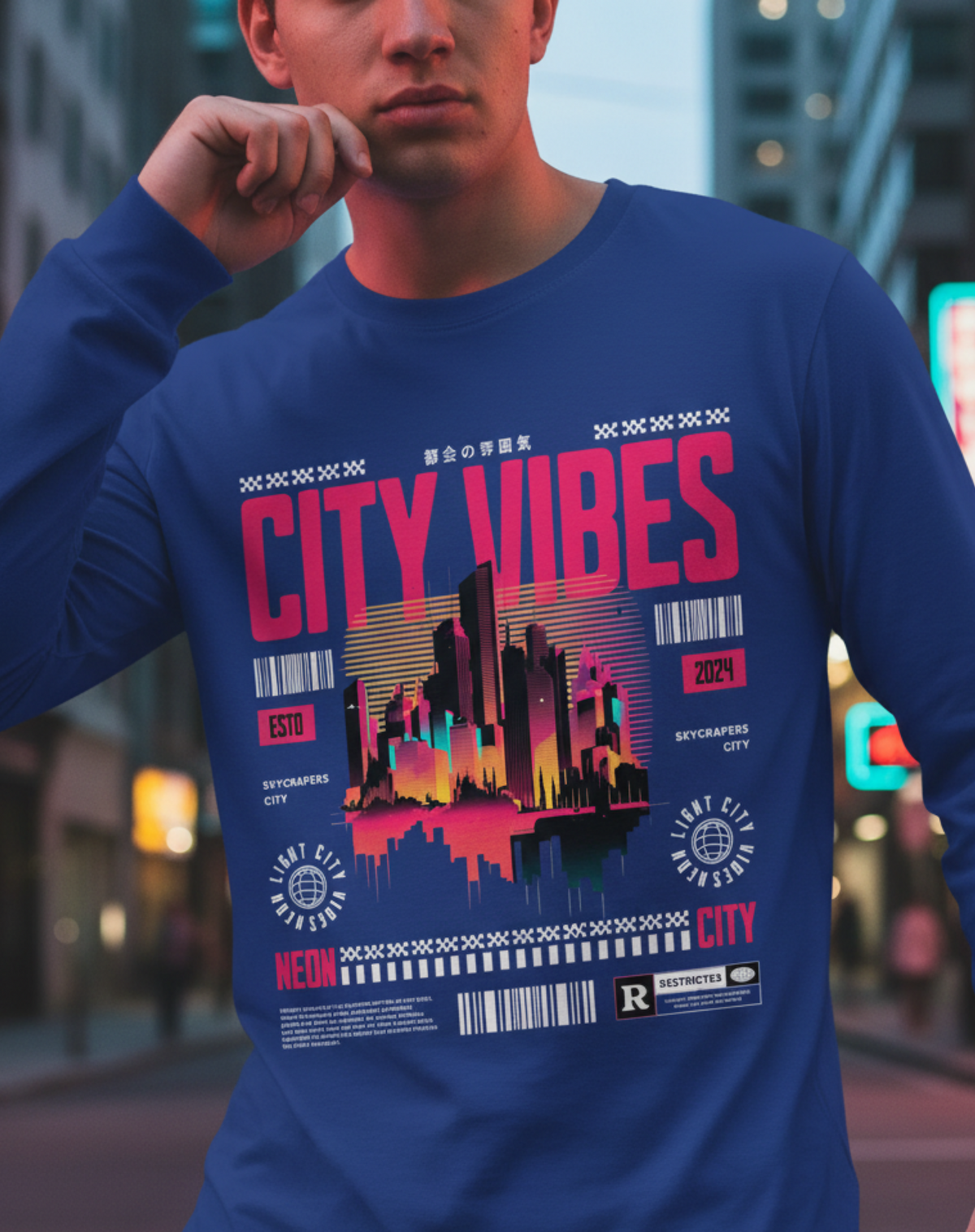 New York City Long Sleeve, Urban Skyline Shirt, Neon City Graphic, Streetwear Tee, Nightlife Aesthetic, NYC Gift