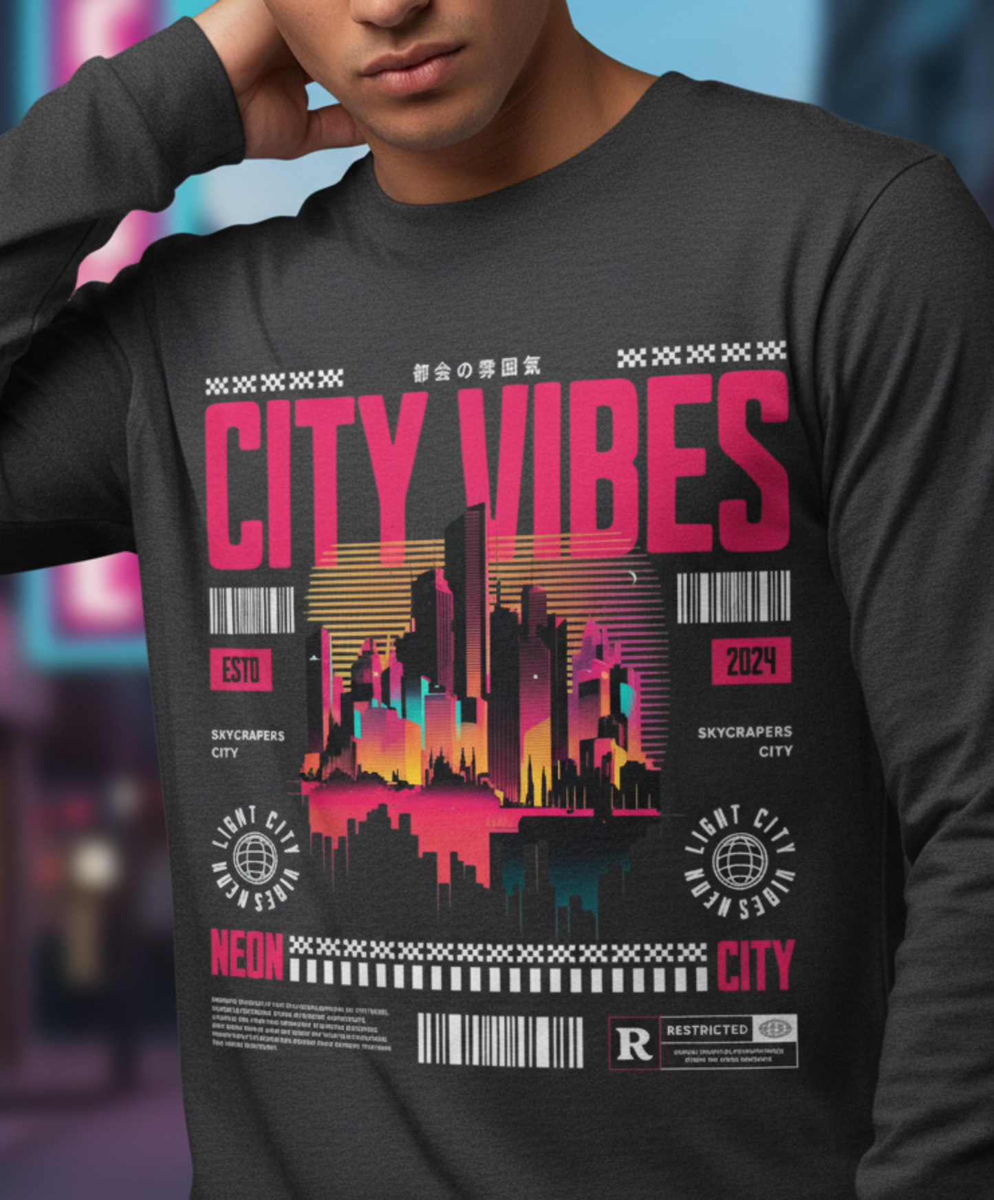 New York City Long Sleeve, Urban Skyline Shirt, Neon City Graphic, Streetwear Tee, Nightlife Aesthetic, NYC Gift