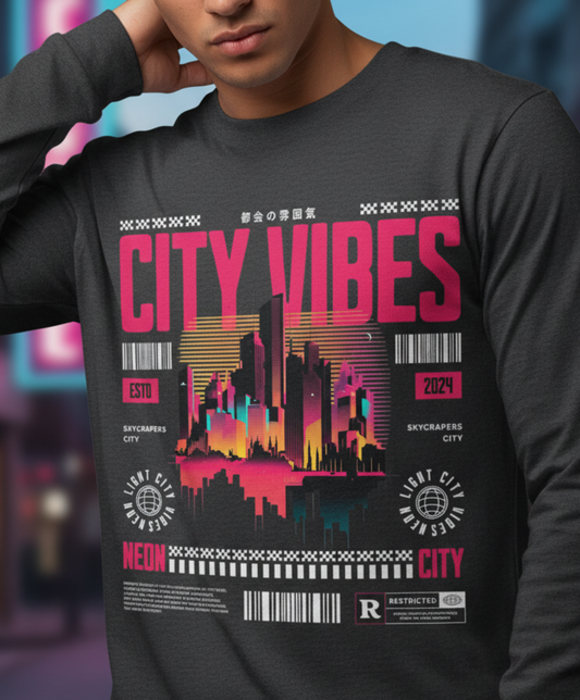 New York City Long Sleeve, Urban Skyline Shirt, Neon City Graphic, Streetwear Tee, Nightlife Aesthetic, NYC Gift
