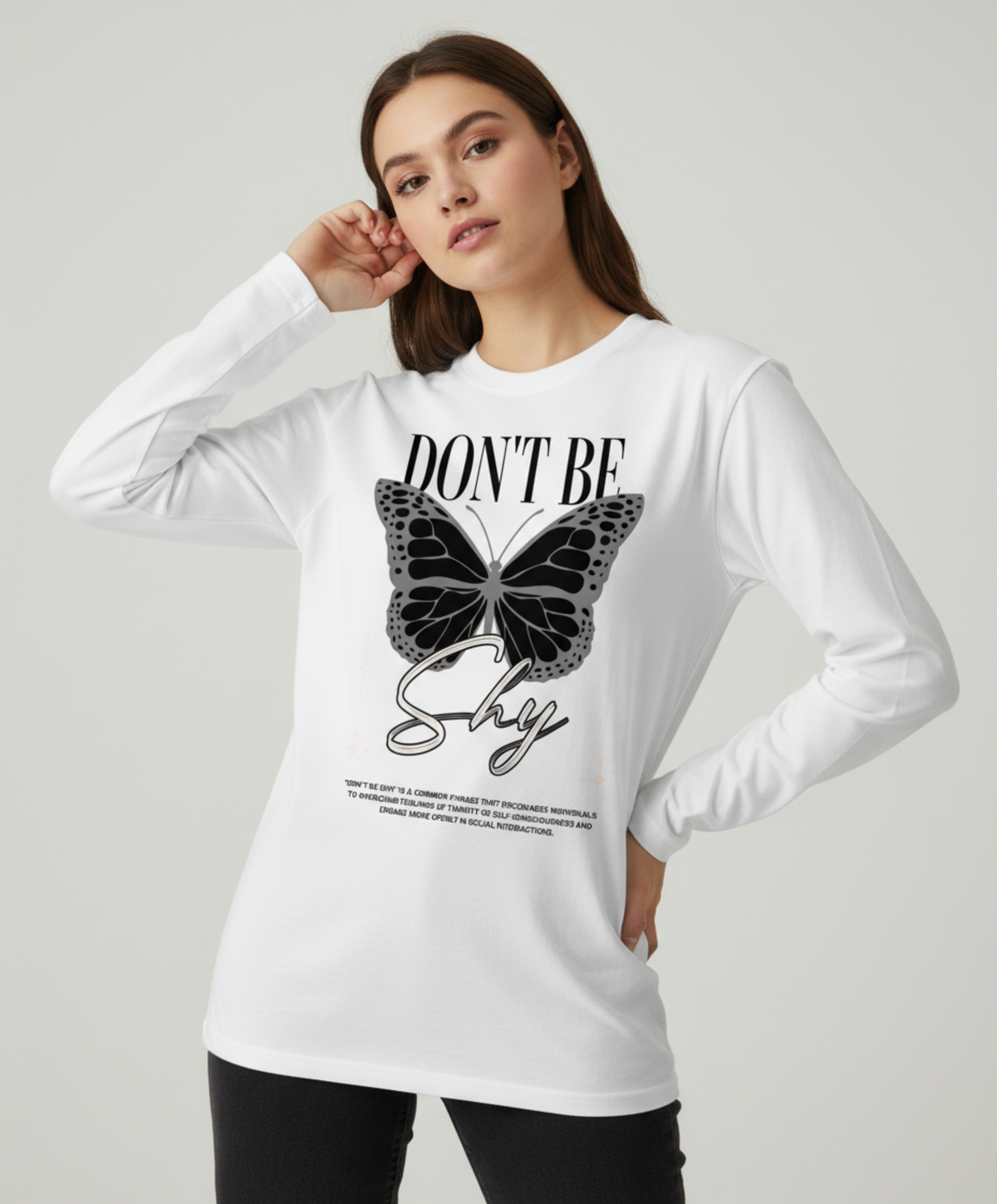 Don’t Be Shy Butterfly Long Sleeve Tee, Motivational Graphic Shirt, Retro Streetwear Top