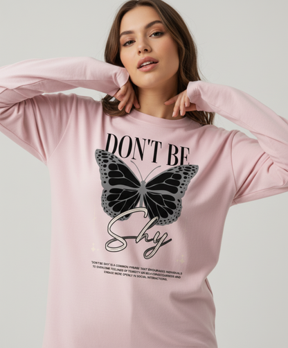 Don’t Be Shy Butterfly Long Sleeve Tee, Motivational Graphic Shirt, Retro Streetwear Top