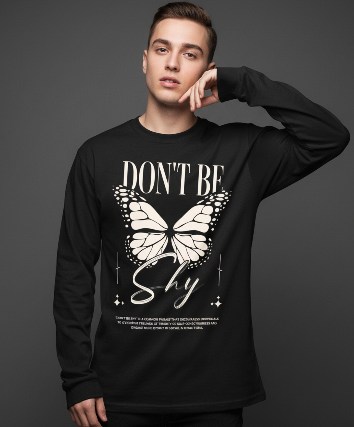 Don’t Be Shy Butterfly Long Sleeve Tee, Motivational Graphic Shirt, Retro Streetwear Top