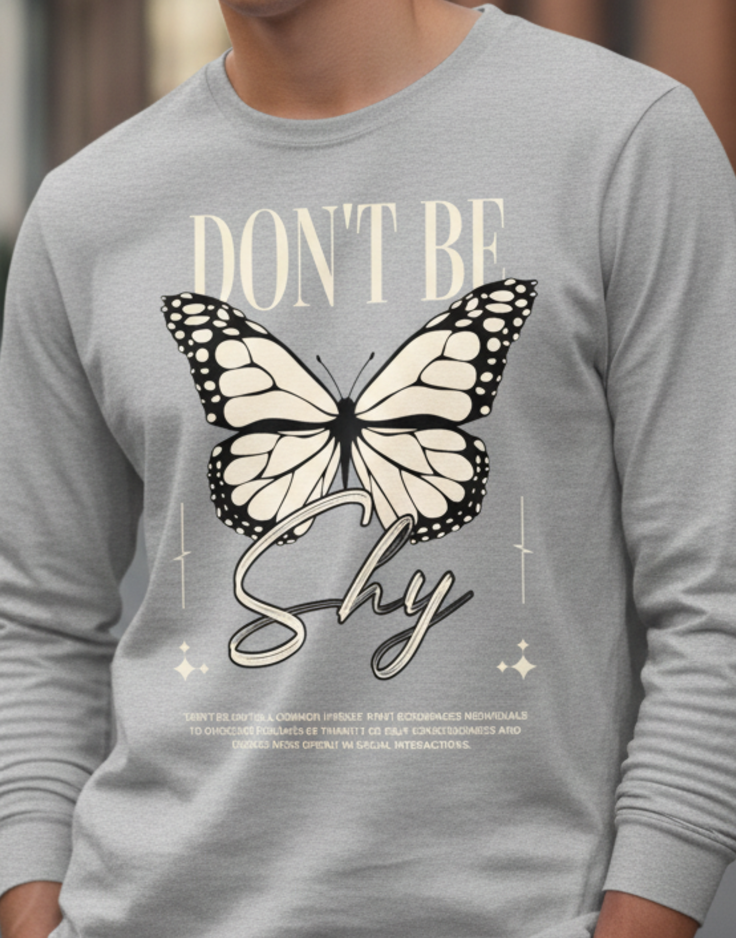 Don’t Be Shy Butterfly Long Sleeve Tee, Motivational Graphic Shirt, Retro Streetwear Top