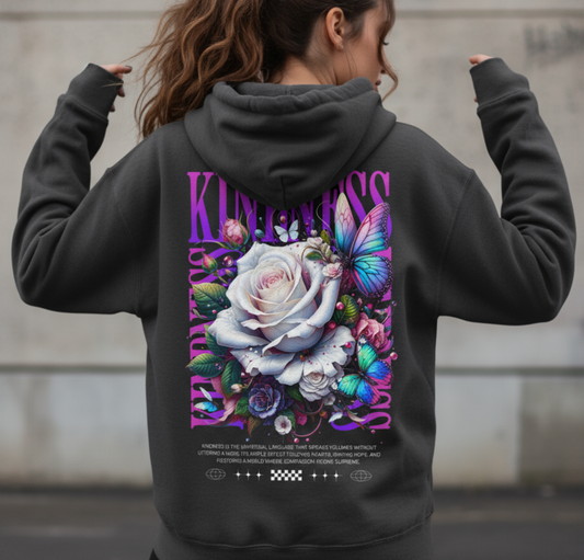 Kindness Rose Graphic Hoodie, Floral Typography Sweatshirt, Pastel Gothic Aesthetic, Botanical Soft Goth, Unisex Pullover