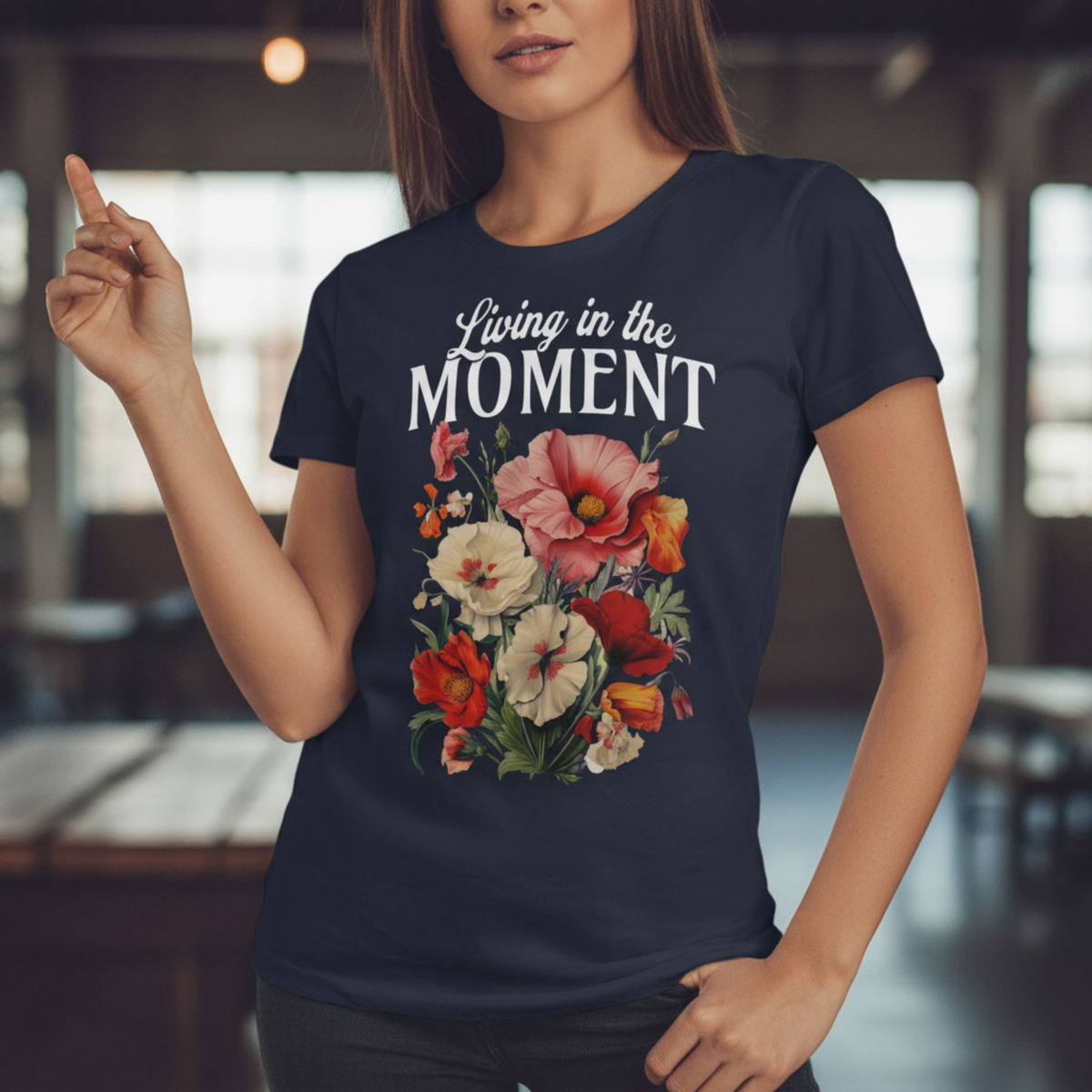 Living In The Moment T-Shirt, Retro Floral Graphic, Inspirational Quote Tee, Boho Positive Shirt, Vintage Aesthetic, Motivational Gift