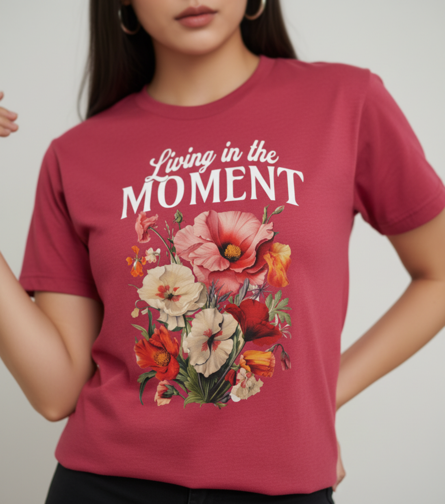 Living In The Moment T-Shirt, Retro Floral Graphic, Inspirational Quote Tee, Boho Positive Shirt, Vintage Aesthetic, Motivational Gift